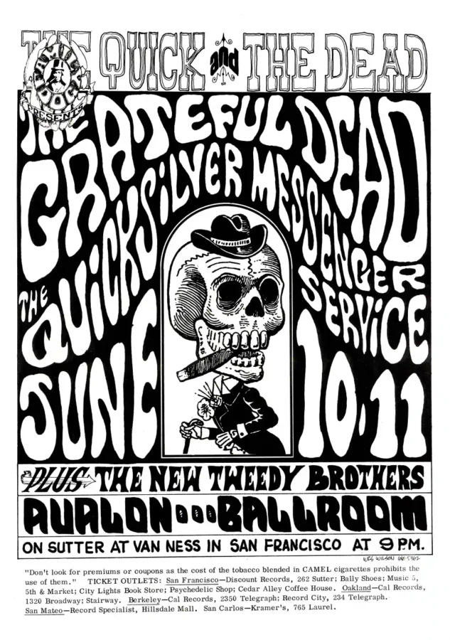 Grateful Dead, Quicksilver "the Quick & the poster with white, gray, and slate gray artwork and period lettering.