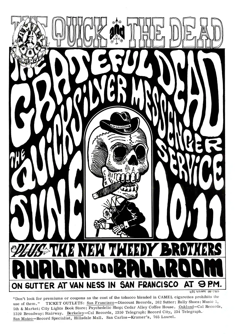 Grateful Dead, Quicksilver "the Quick & the poster with white, gray, and slate gray artwork and period lettering.