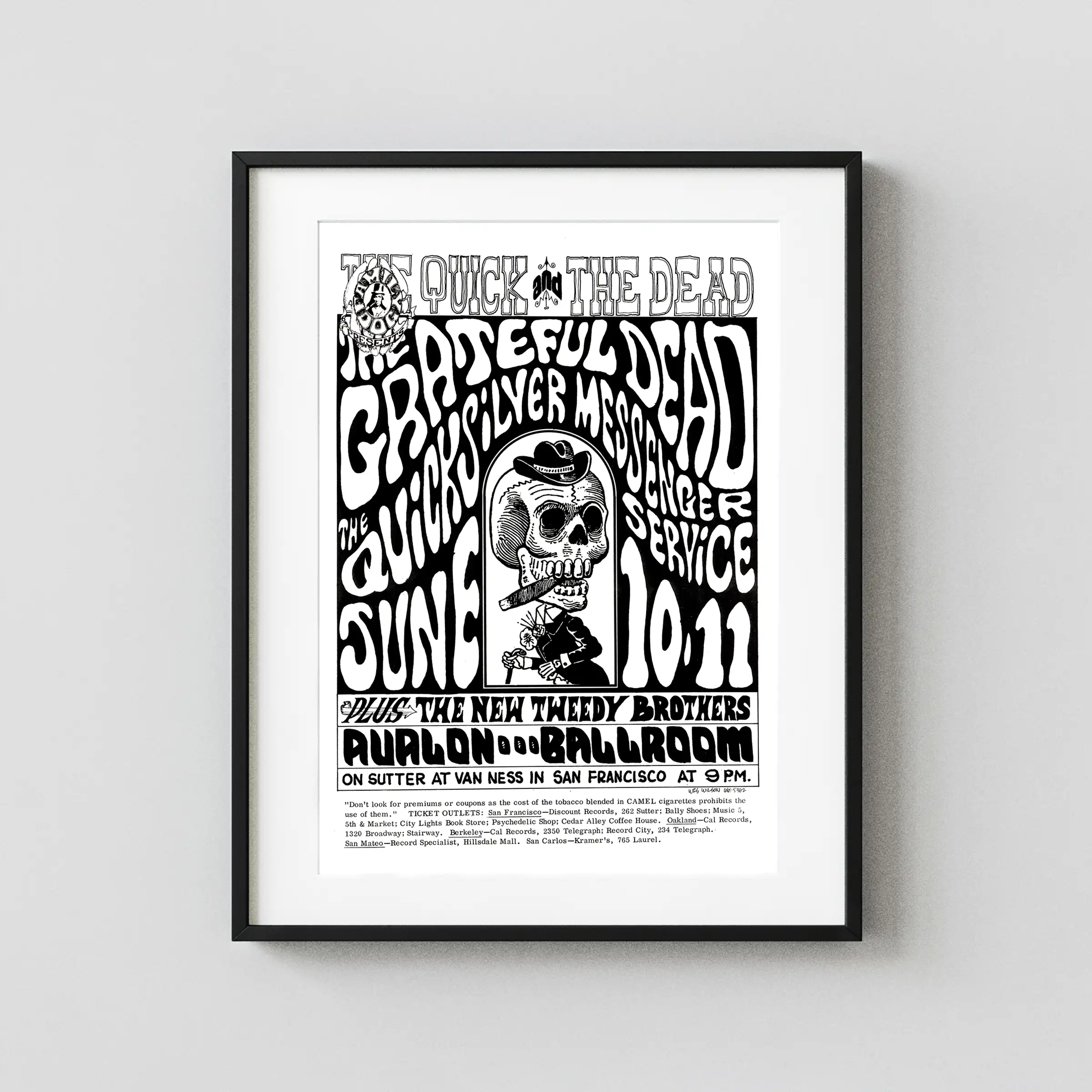 Grateful Dead, Quicksilver "the Quick & the poster with white, gray, and slate gray artwork and period lettering.