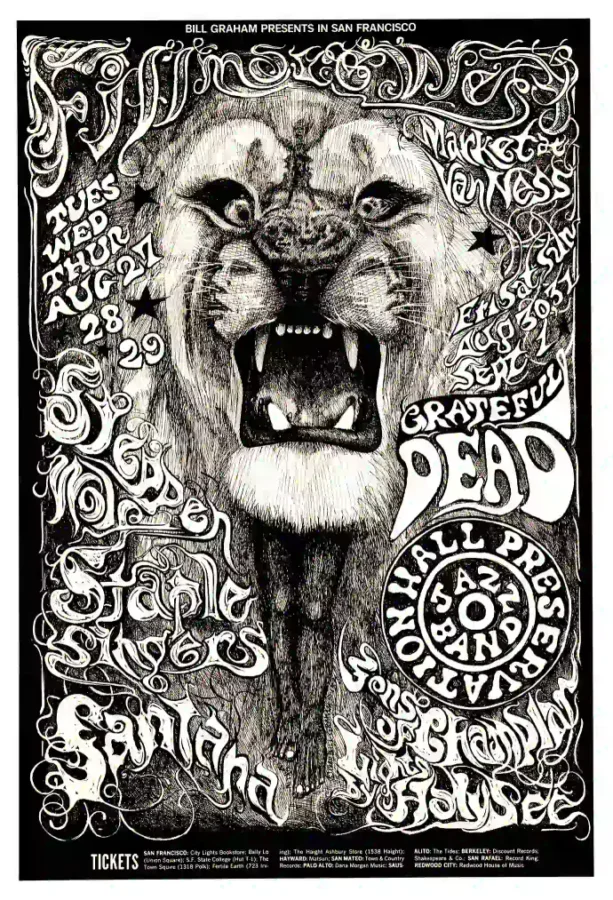 Grateful Dead, Santana 1968 Fillmore West Poster featuring slate gray, white, and gray vertical artwork.