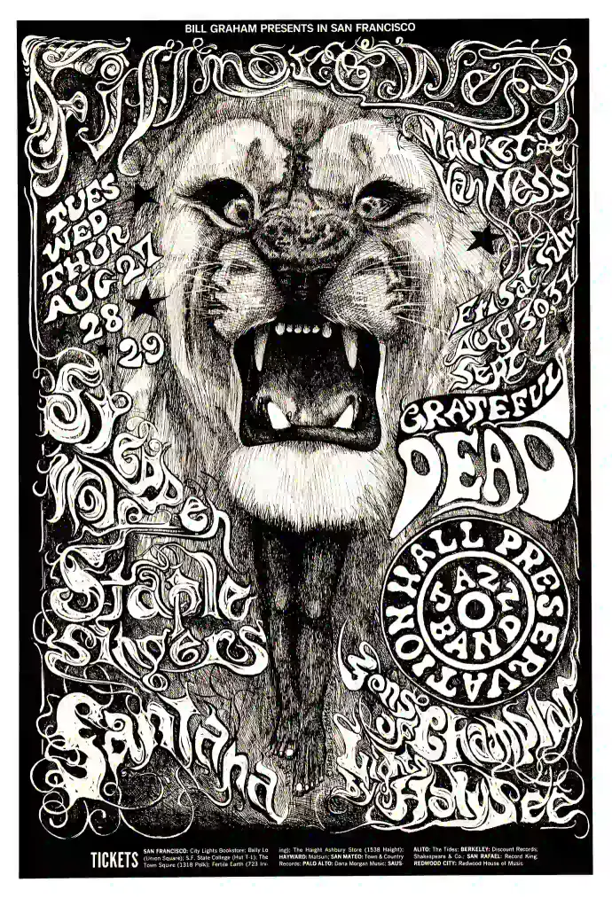 Grateful Dead, Santana 1968 Fillmore West Poster featuring slate gray, white, and gray vertical artwork.