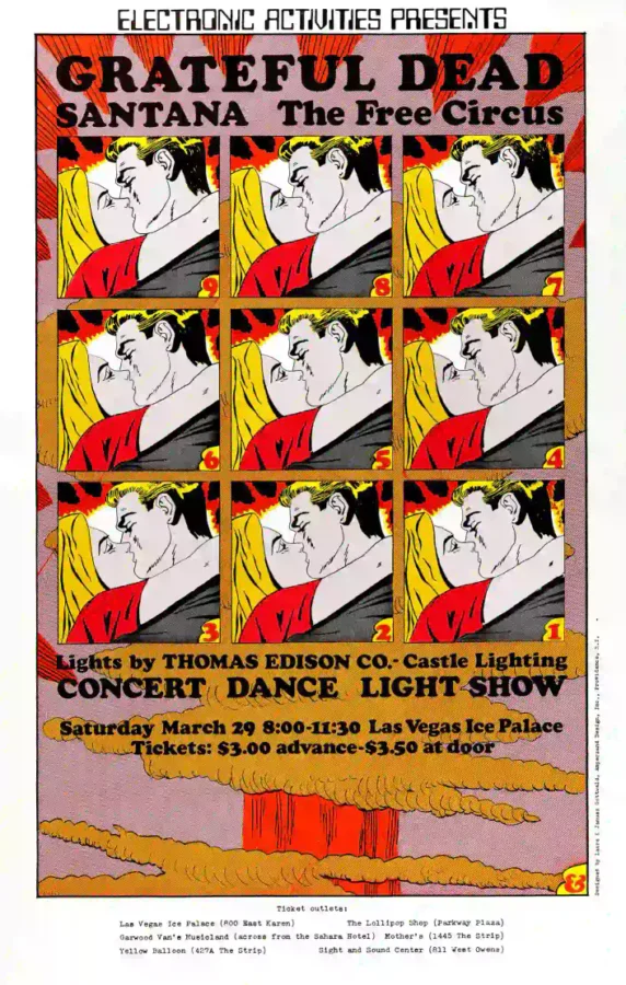 Grateful Dead, Santana 1969 Las Vegas, NV Ice Rink Concert Poster featuring white, red, and yellow vertical artwork.