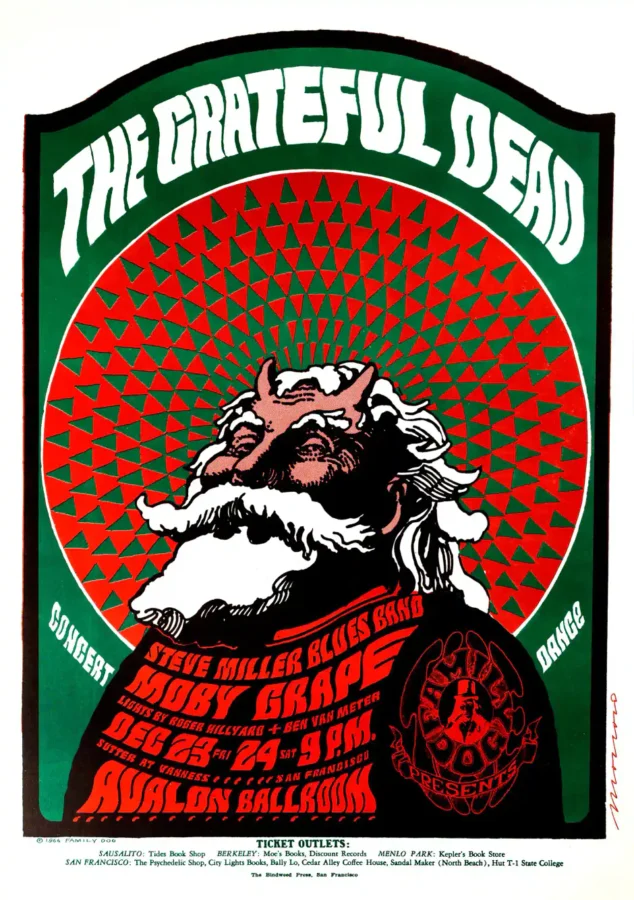 Grateful Dead, Steve Miller "Hippie Santa Claus" 1966 Avalon Poster featuring white, black, and brown vertical artwork.