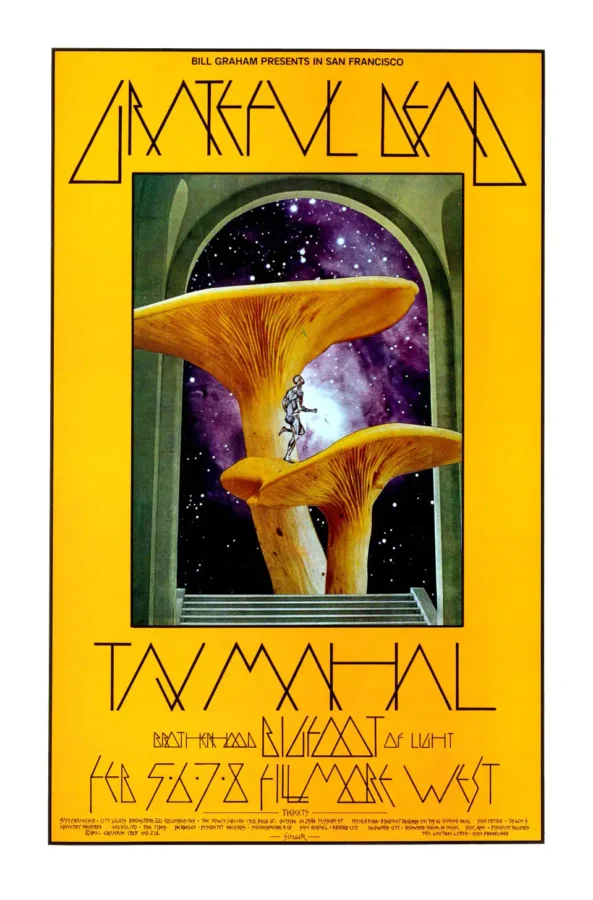 Grateful Dead, Taj Mahal 1970 Fillmore West Concert Poster featuring white, yellow, and black vertical artwork.