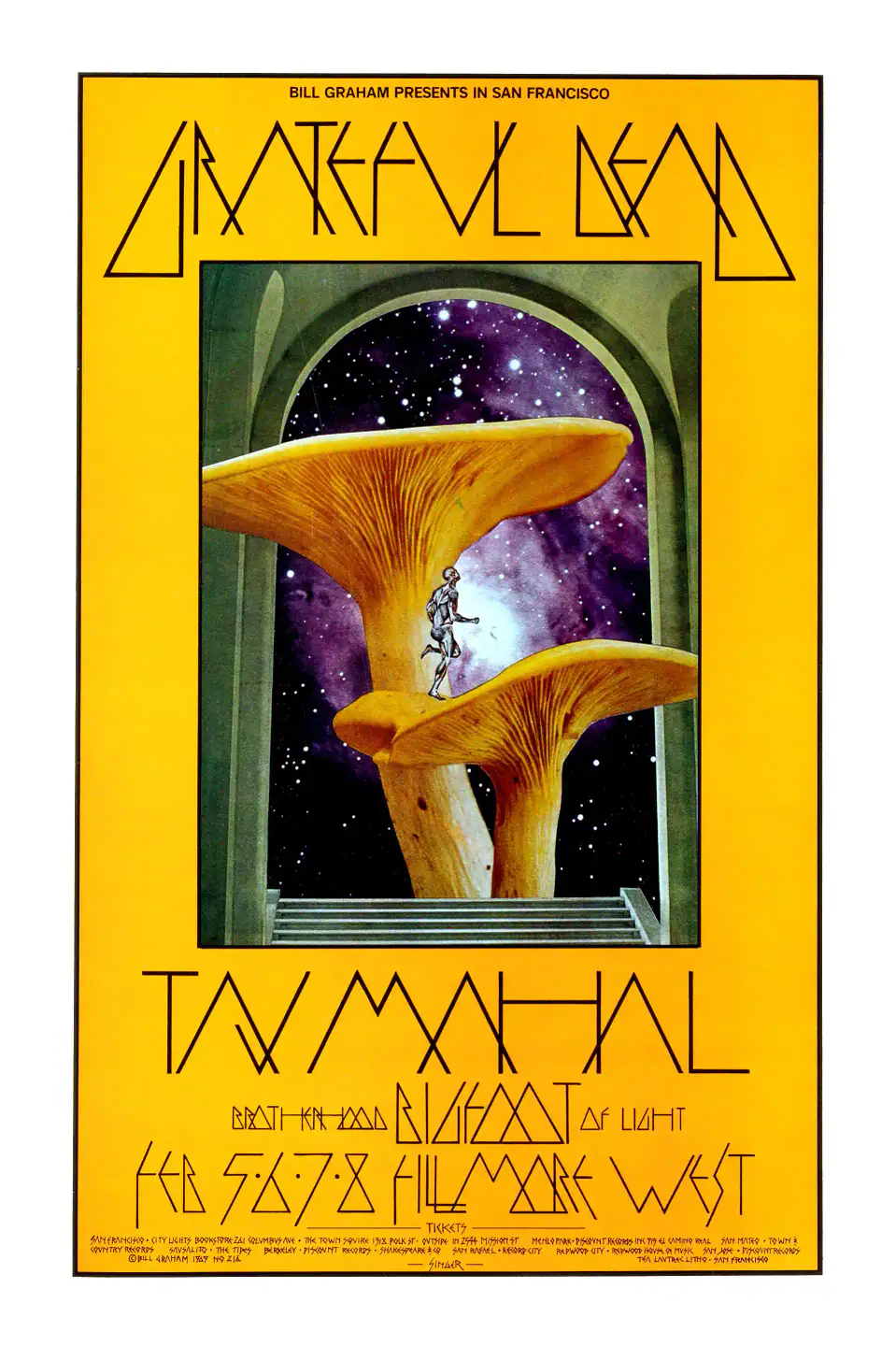 Grateful Dead, Taj Mahal 1970 Fillmore West Concert Poster featuring white, yellow, and black vertical artwork.