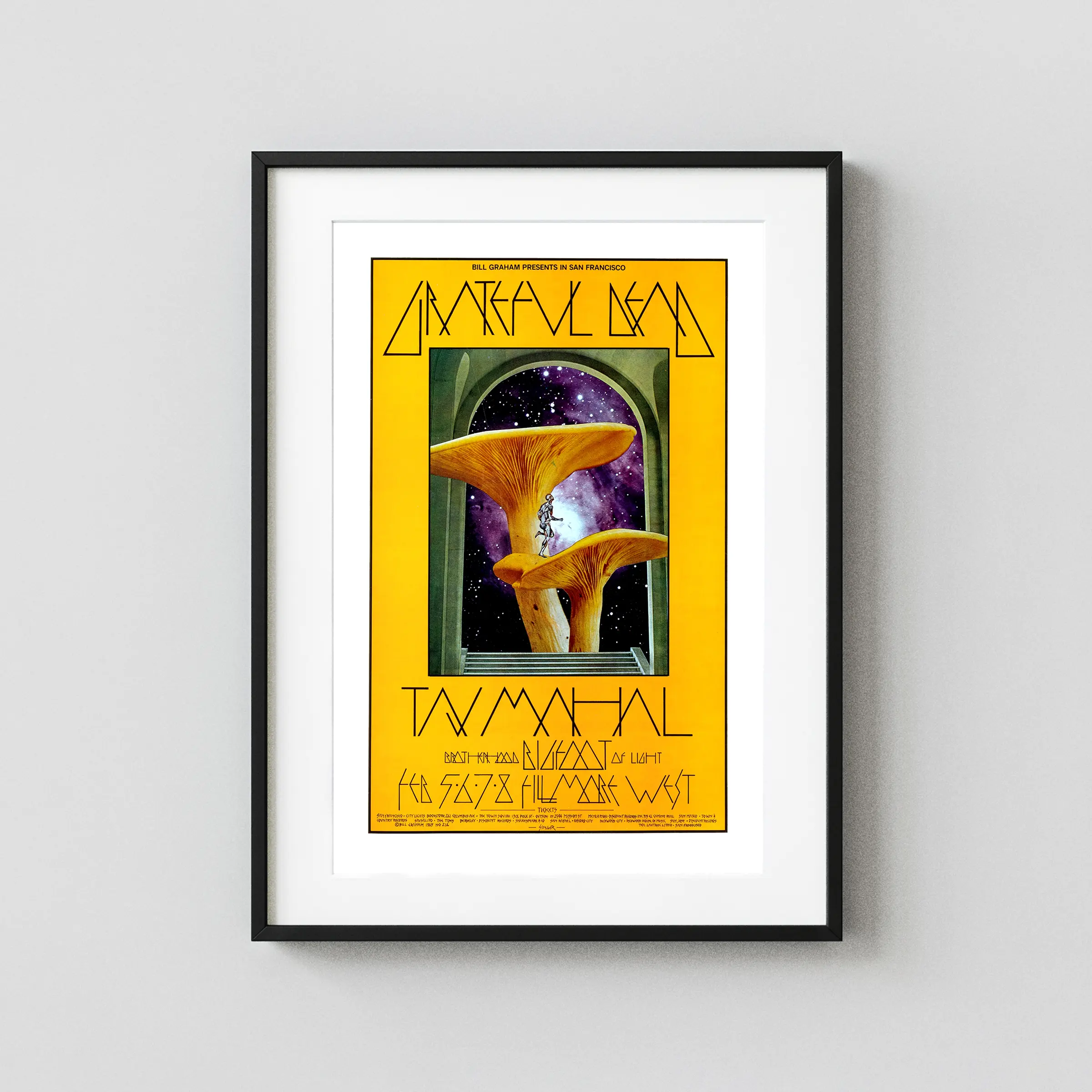 Grateful Dead, Taj Mahal 1970 Fillmore West Concert Poster featuring white, yellow, and black vertical artwork.
