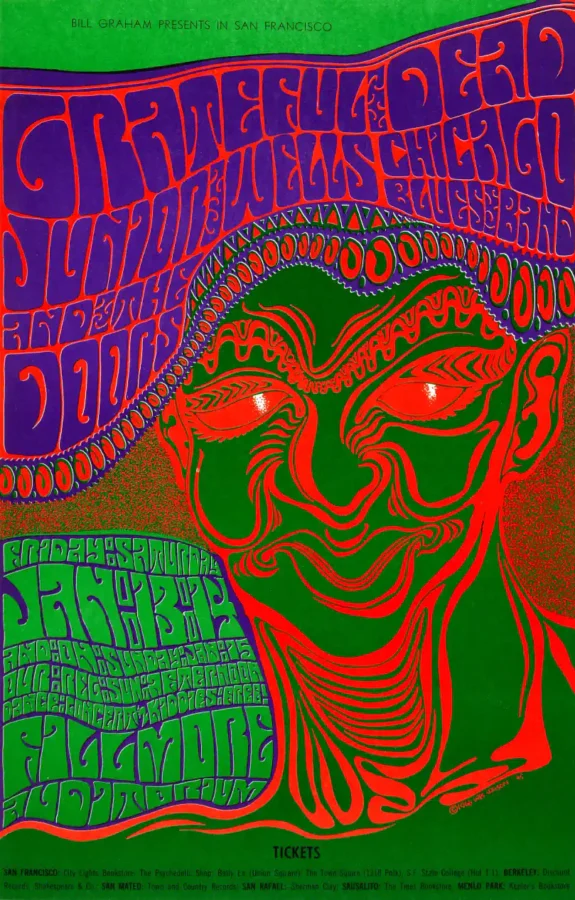 Grateful Dead, the Doors 1967 Fillmore Concert Poster featuring deep green, magenta, and brown vertical artwork.