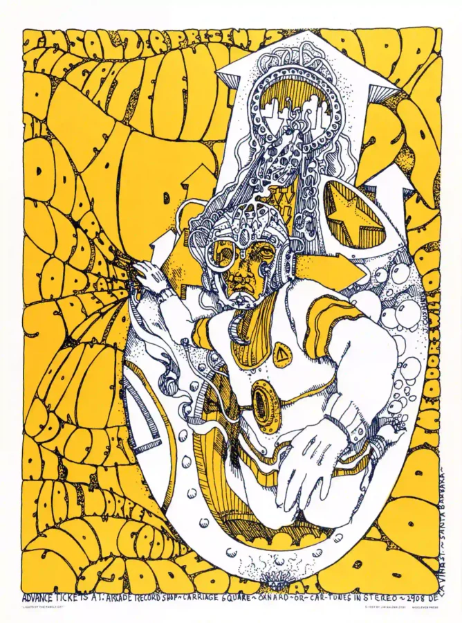 Grateful Dead, the Doors 1967 Santa Barbara, CA Concert Poster featuring white, yellow, and light gray vertical artwork.