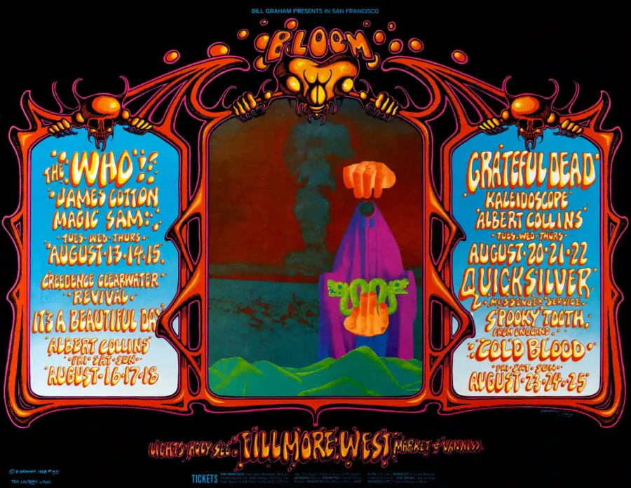 Grateful Dead, the Who 1968 Fillmore West Concert Poster featuring white, black, and gray vertical artwork.