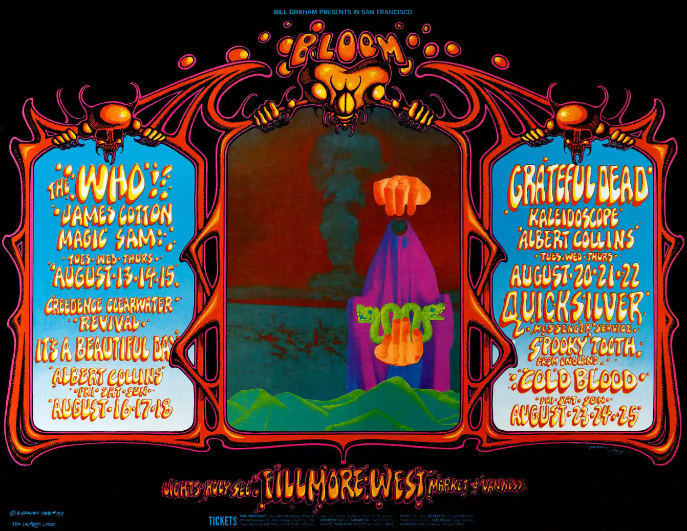 Grateful Dead, the Who 1968 Fillmore West Concert Poster featuring white, black, and gray vertical artwork.