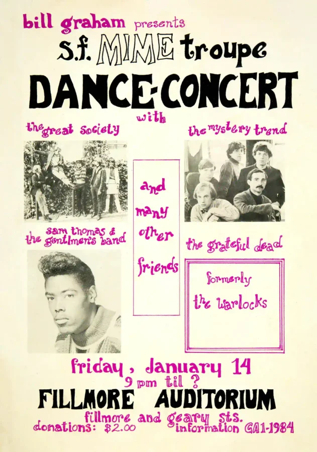 Grateful Dead, Warlocks January 1966 Mime Troupe Appeals III Poster featuring cream, pink, and yellow vertical artwork.