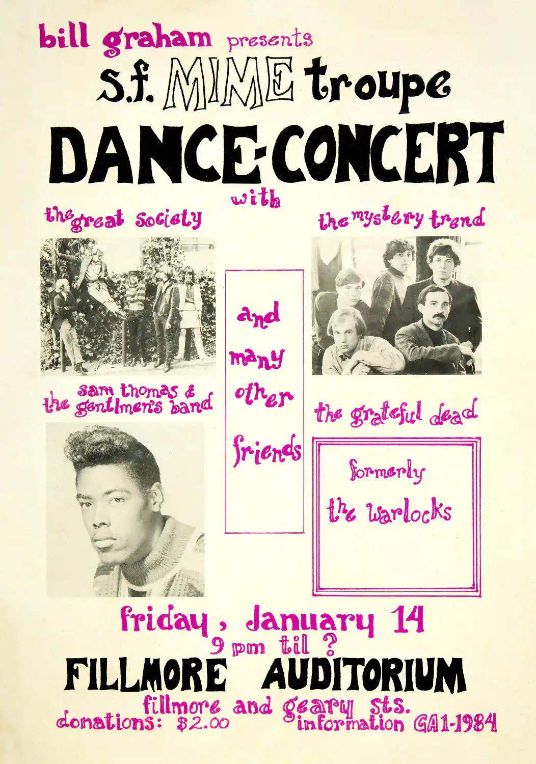 Grateful Dead, Warlocks January 1966 Mime Troupe Appeals III Poster featuring cream, pink, and yellow vertical artwork.