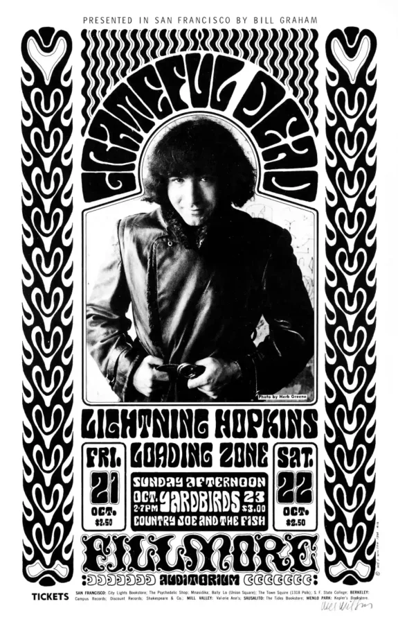 Grateful Dead, Yardbirds with Beck & Page 1966 Fillmore Poster featuring white, slate gray, and black vertical artwork.