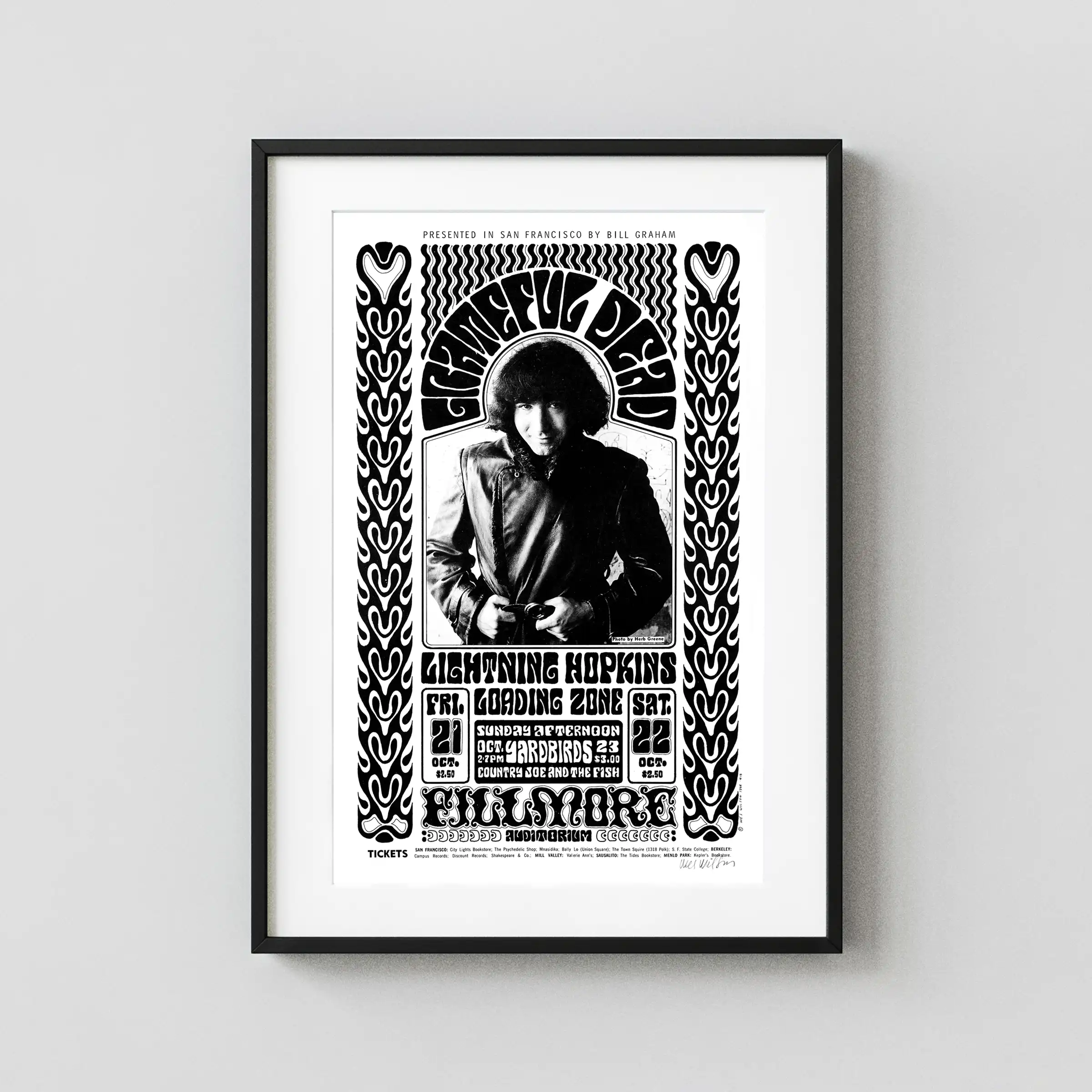 Grateful Dead, Yardbirds with Beck & Page 1966 Fillmore Poster featuring white, slate gray, and black vertical artwork.