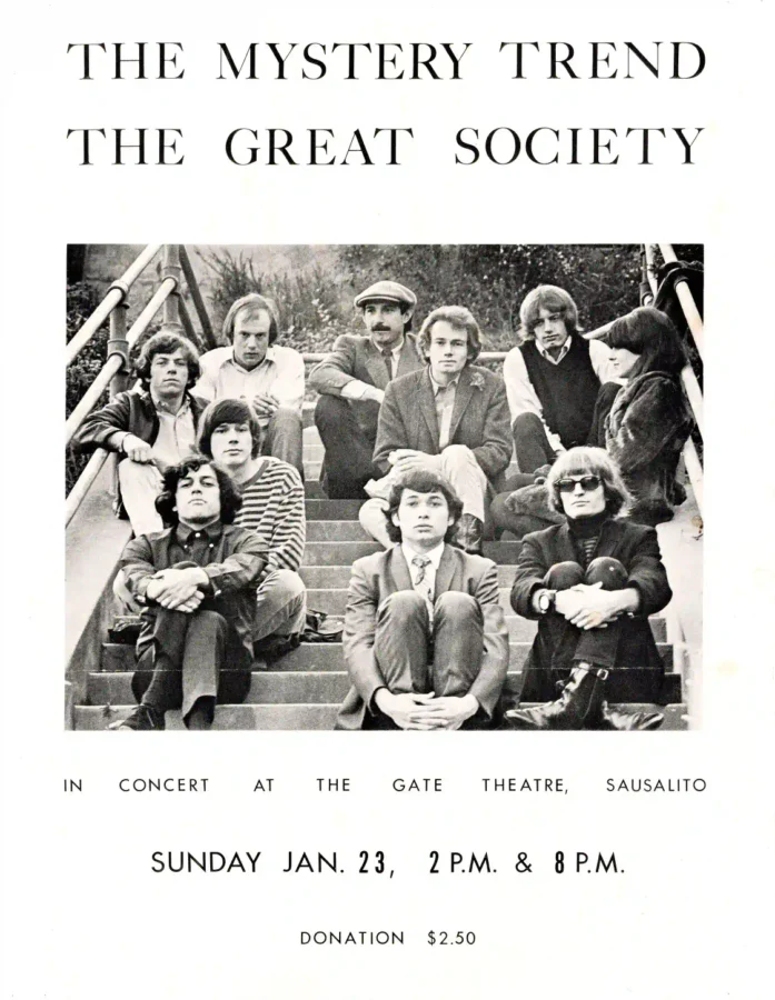 Great Society, Mystery Trend 1966 Sausalito, CA Concert Poster featuring white, gray, and charcoal vertical artwork.