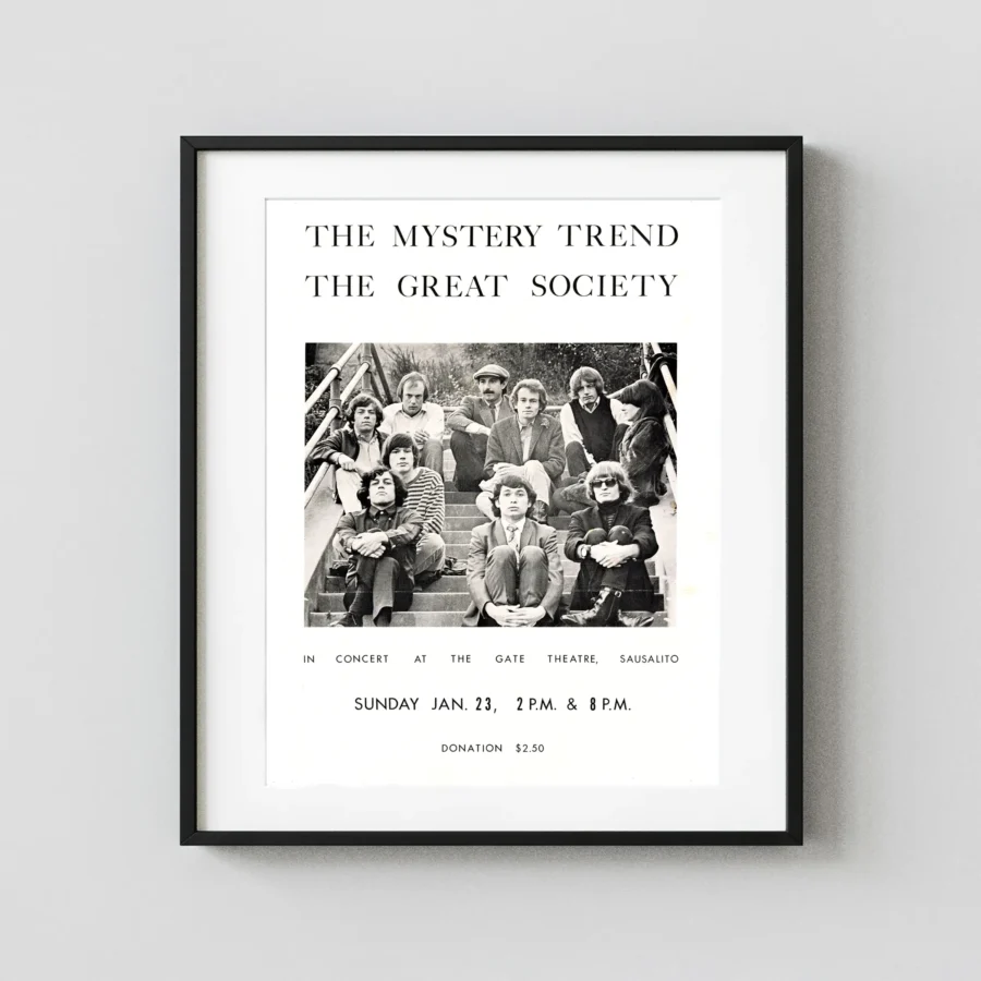 Great Society, Mystery Trend 1966 Sausalito, CA Concert Poster featuring white, gray, and charcoal vertical artwork.