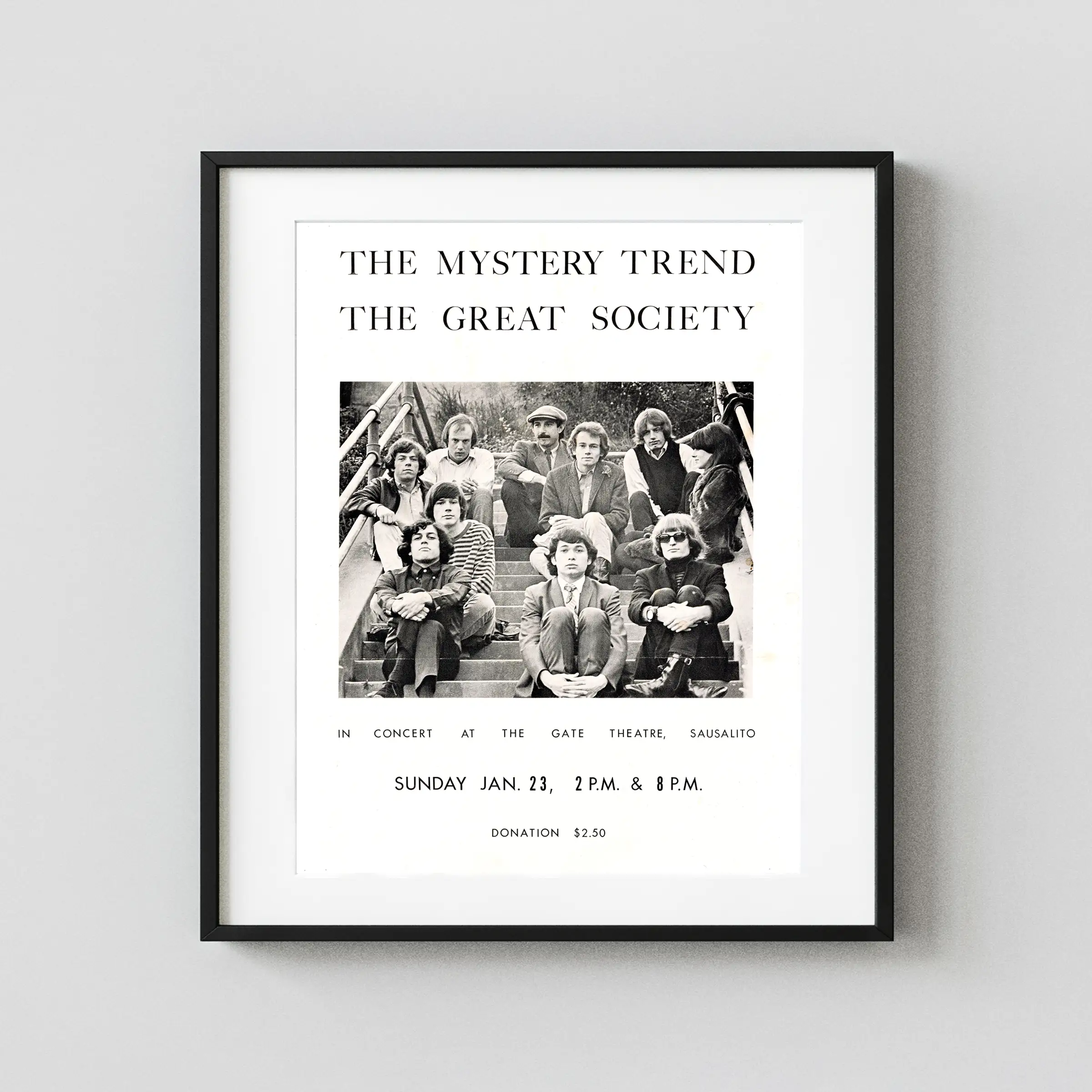 Great Society, Mystery Trend 1966 Sausalito, CA Concert Poster featuring white, gray, and charcoal vertical artwork.