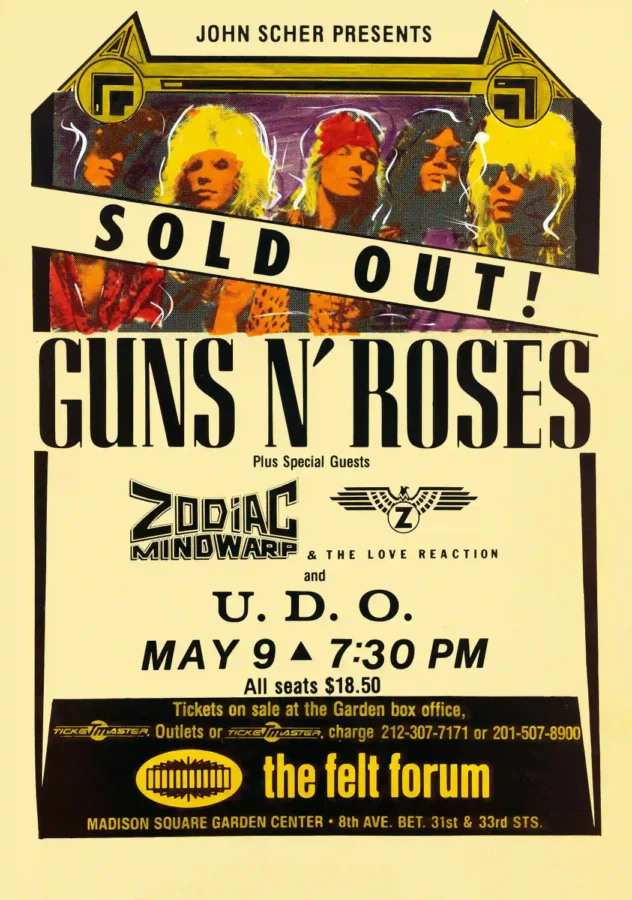 Guns N' Roses poster with cream, yellow, and white artwork and period lettering.