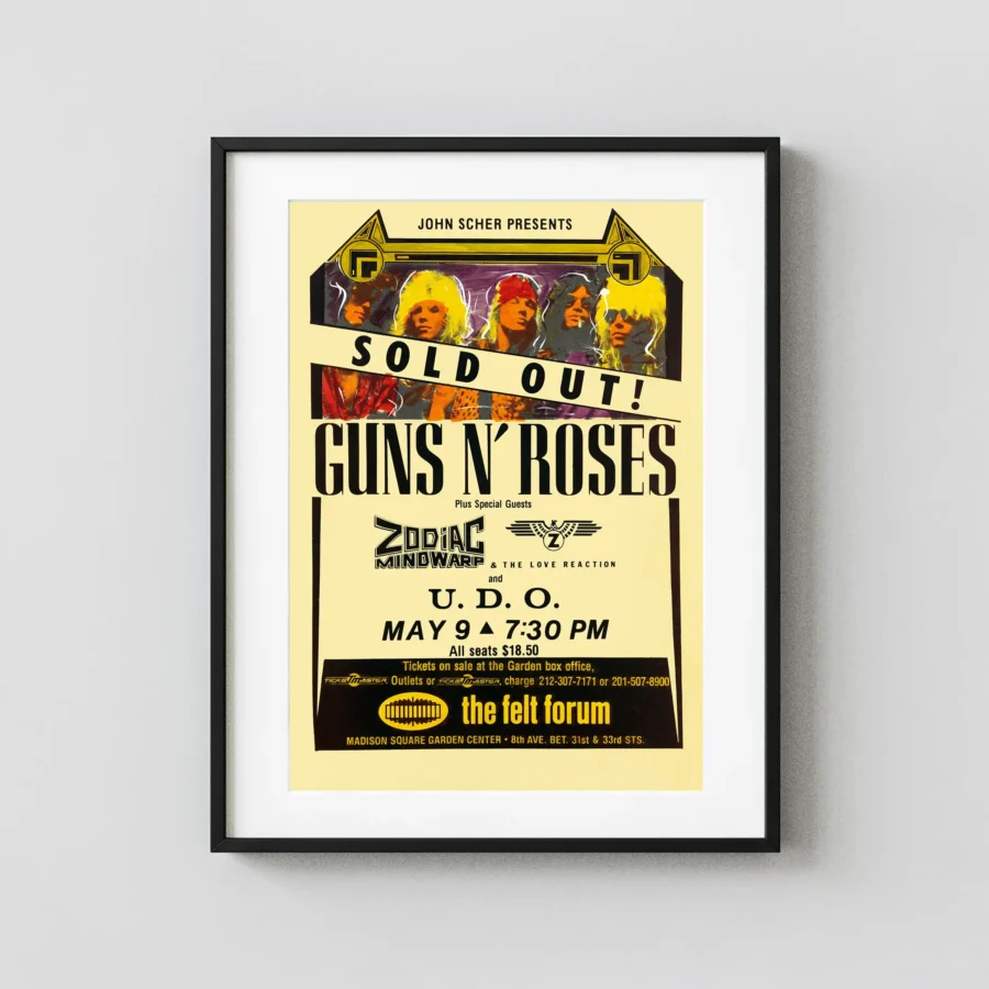 Guns N' Roses poster with cream, yellow, and white artwork and period lettering.