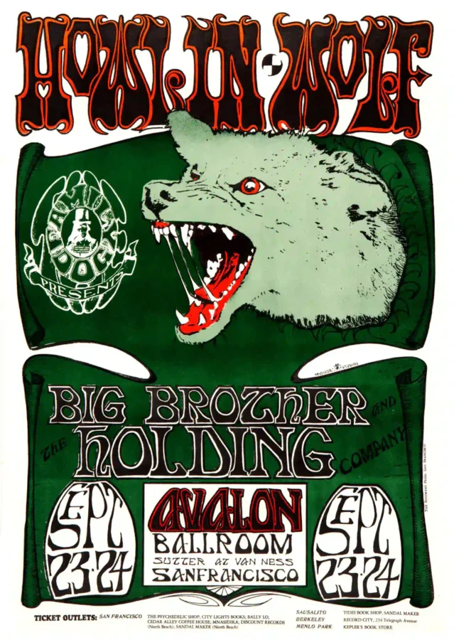 Howlin' Wolf, Janis Joplin with Big Brother poster with white, black, and charcoal artwork and period lettering.