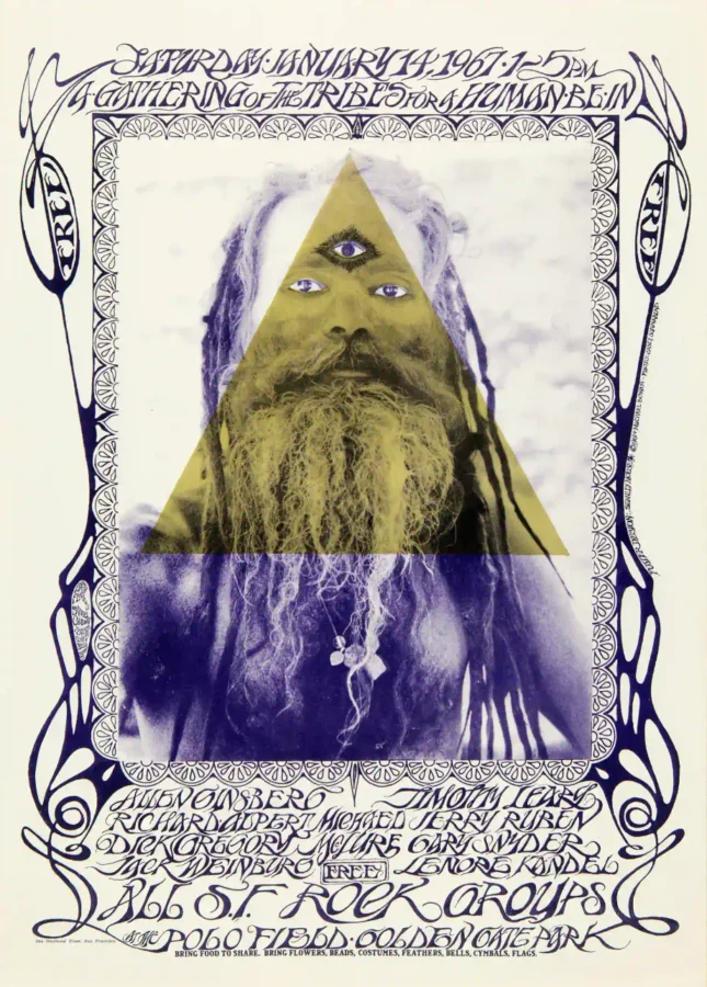 Human Be-In 1967 Mouse-Kelly Concert Poster featuring cream, light gray, and blue vertical artwork.