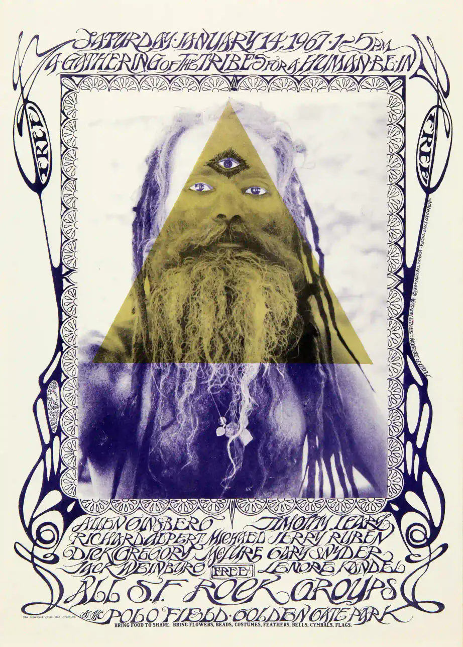 Human Be-In 1967 Mouse-Kelly Concert Poster featuring cream, light gray, and blue vertical artwork.