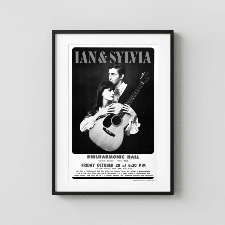 Ian & Sylvia 1966 Philharmonic Hall, New York City Concert Poster featuring black, white, and light gray vertical artwork.