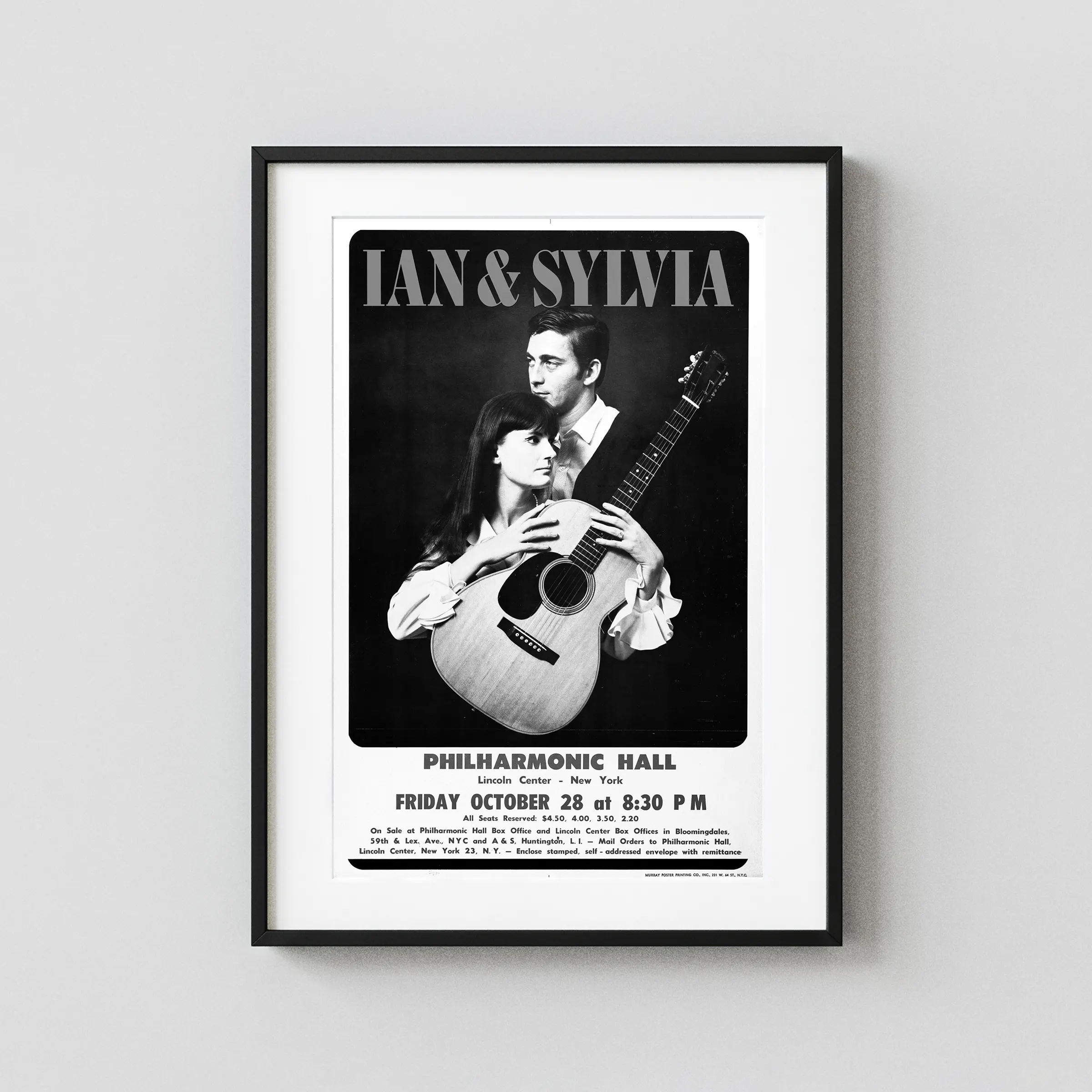 Ian & Sylvia 1966 Philharmonic Hall, New York City Concert Poster featuring black, white, and light gray vertical artwork.