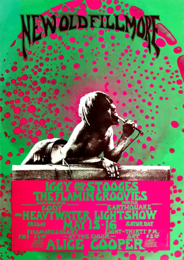 Iggy & the Stooges, Alice Cooper 1970 Fillmore Auditorium Concert Poster featuring white, red, and magenta vertical artwork.