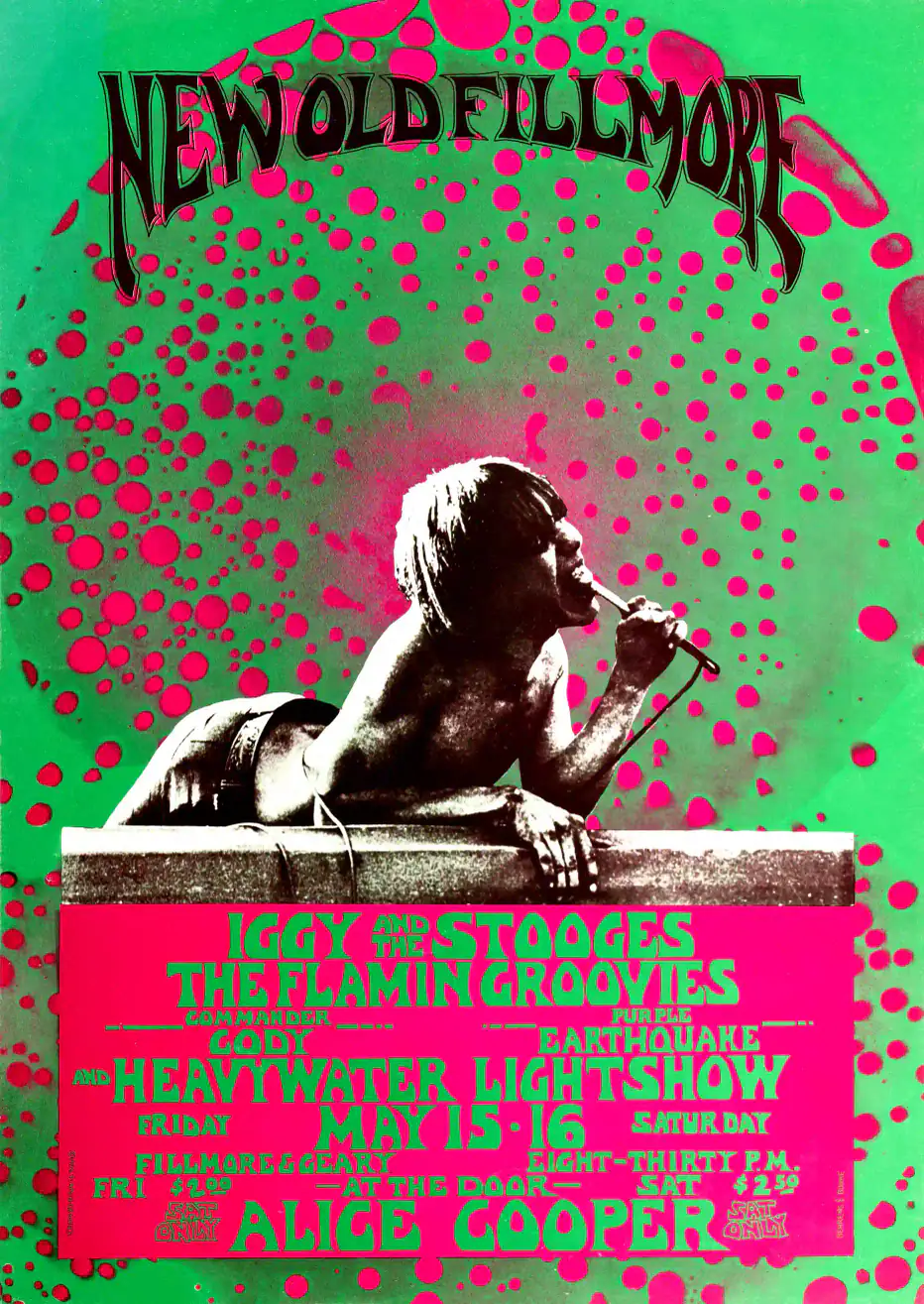 Iggy & the Stooges, Alice Cooper 1970 Fillmore Auditorium Concert Poster featuring white, red, and magenta vertical artwork.