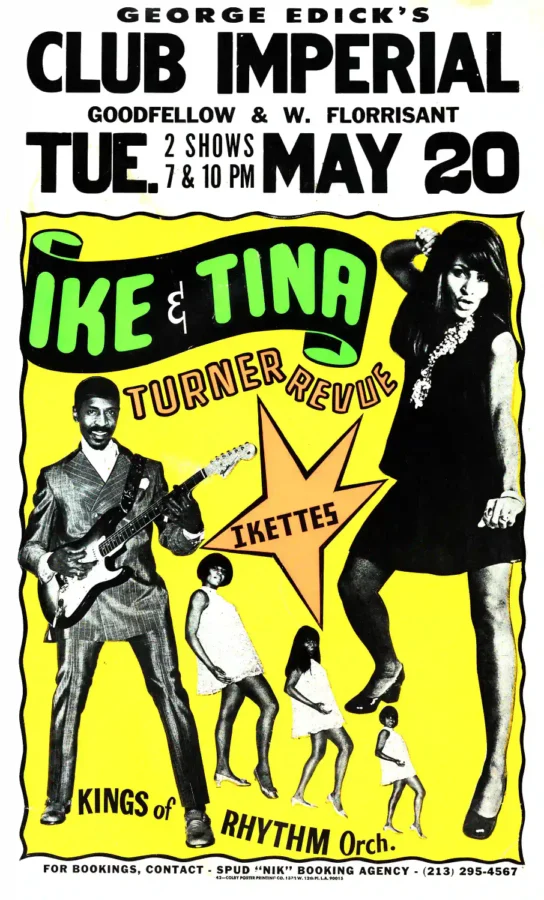 Ike & Tina Turner 1969 Hometown St. Louis, MO Concert Poster featuring white, yellow, and black vertical artwork.