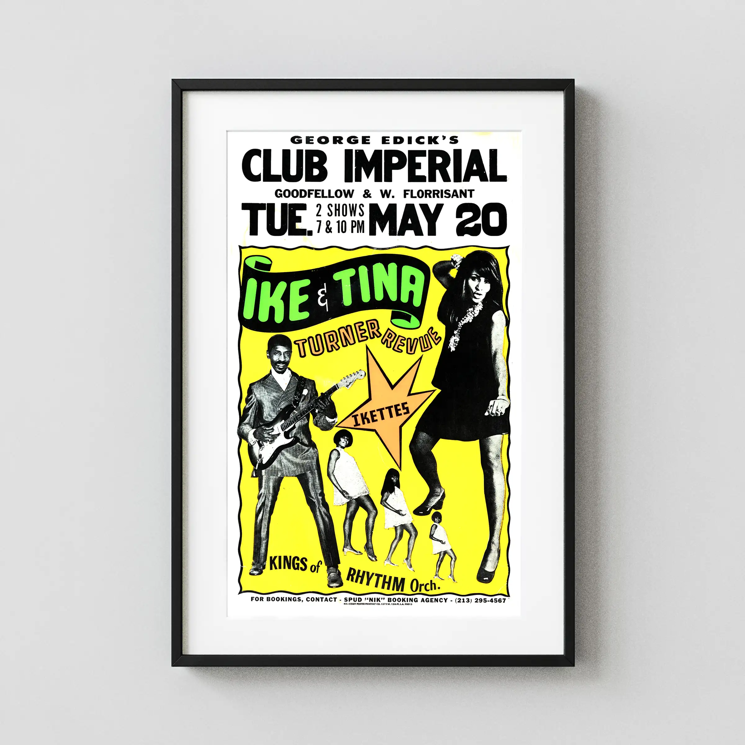 Ike & Tina Turner 1969 Hometown St. Louis, MO Concert Poster featuring white, yellow, and black vertical artwork.
