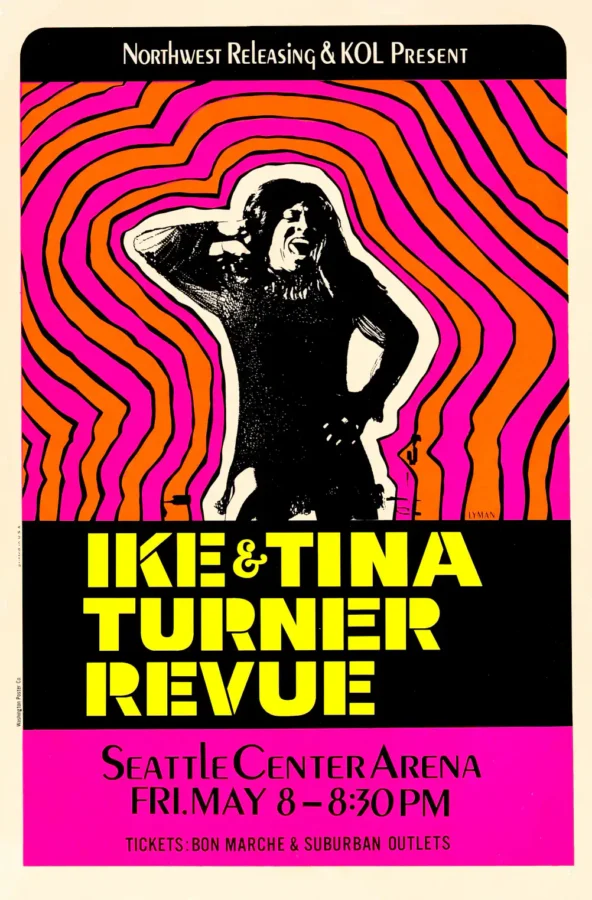 Ike & Tina Turner Hot Pink Day-Glo Concert Poster (1970) featuring black, cream, and magenta vertical artwork.