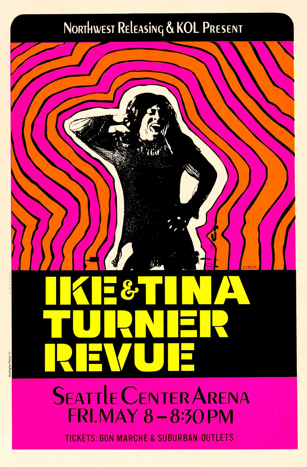 Ike & Tina Turner Hot Pink Day-Glo Concert Poster (1970) featuring black, cream, and magenta vertical artwork.