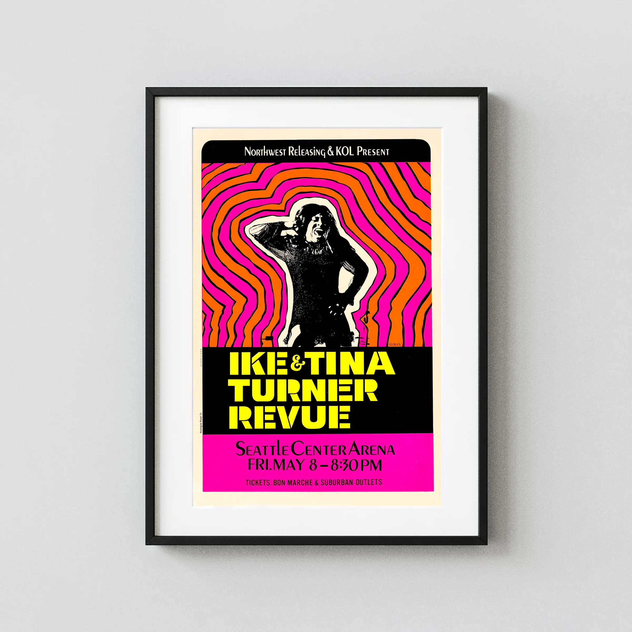 Ike & Tina Turner Hot Pink Day-Glo Concert Poster (1970) featuring black, cream, and magenta vertical artwork.