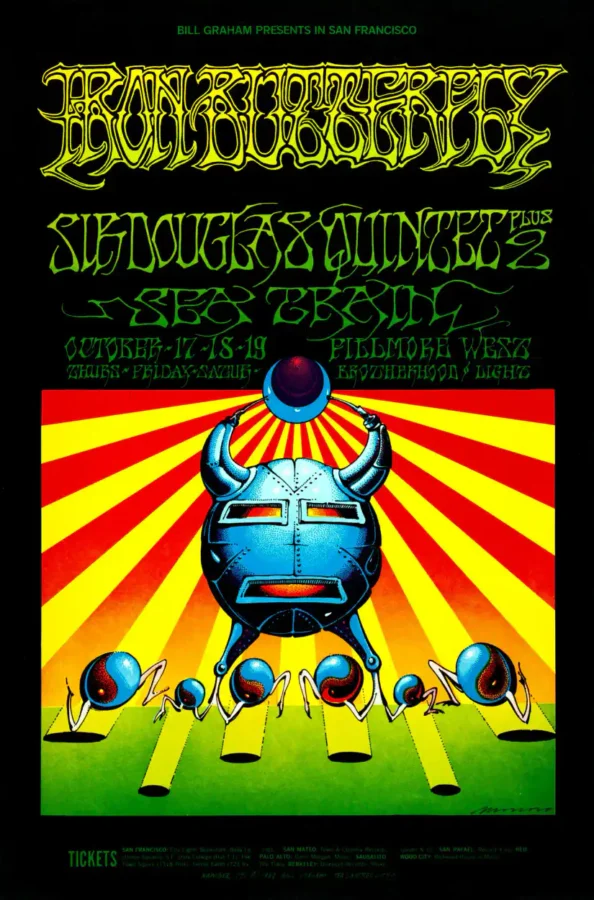 Iron Butterfly 1968 Fillmore West Poster featuring black, yellow, and white vertical artwork.