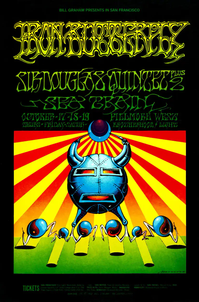 Iron Butterfly 1968 Fillmore West Poster featuring black, yellow, and white vertical artwork.