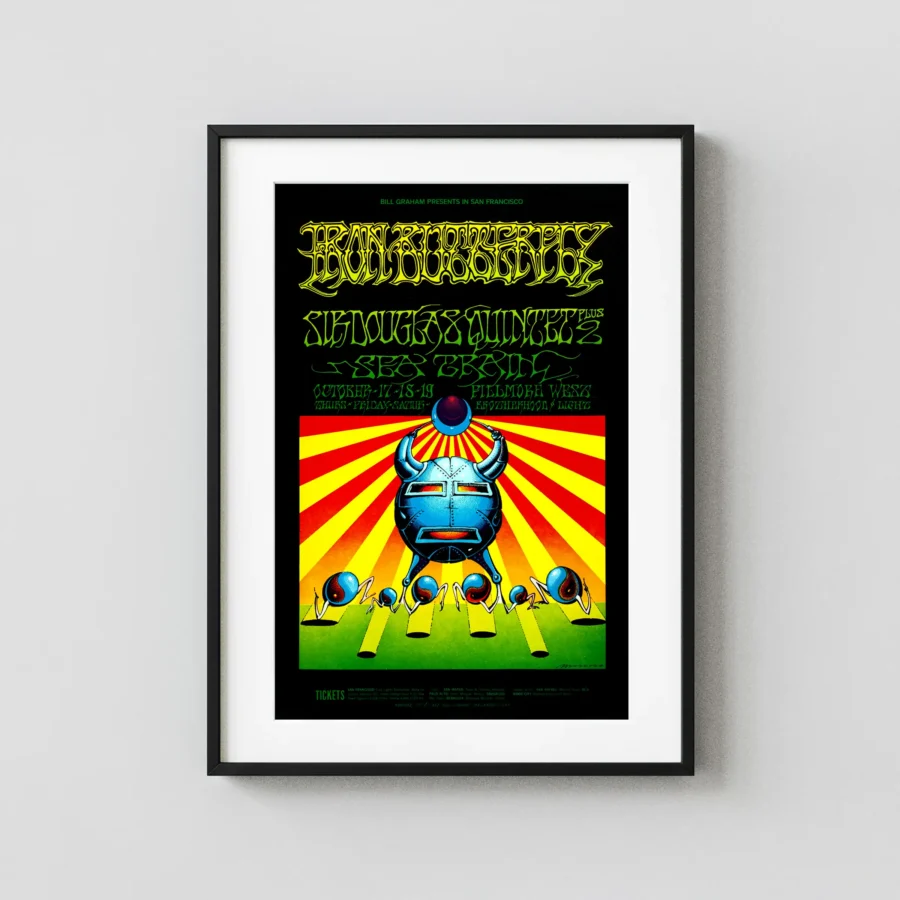 Iron Butterfly 1968 Fillmore West Poster featuring black, yellow, and white vertical artwork.