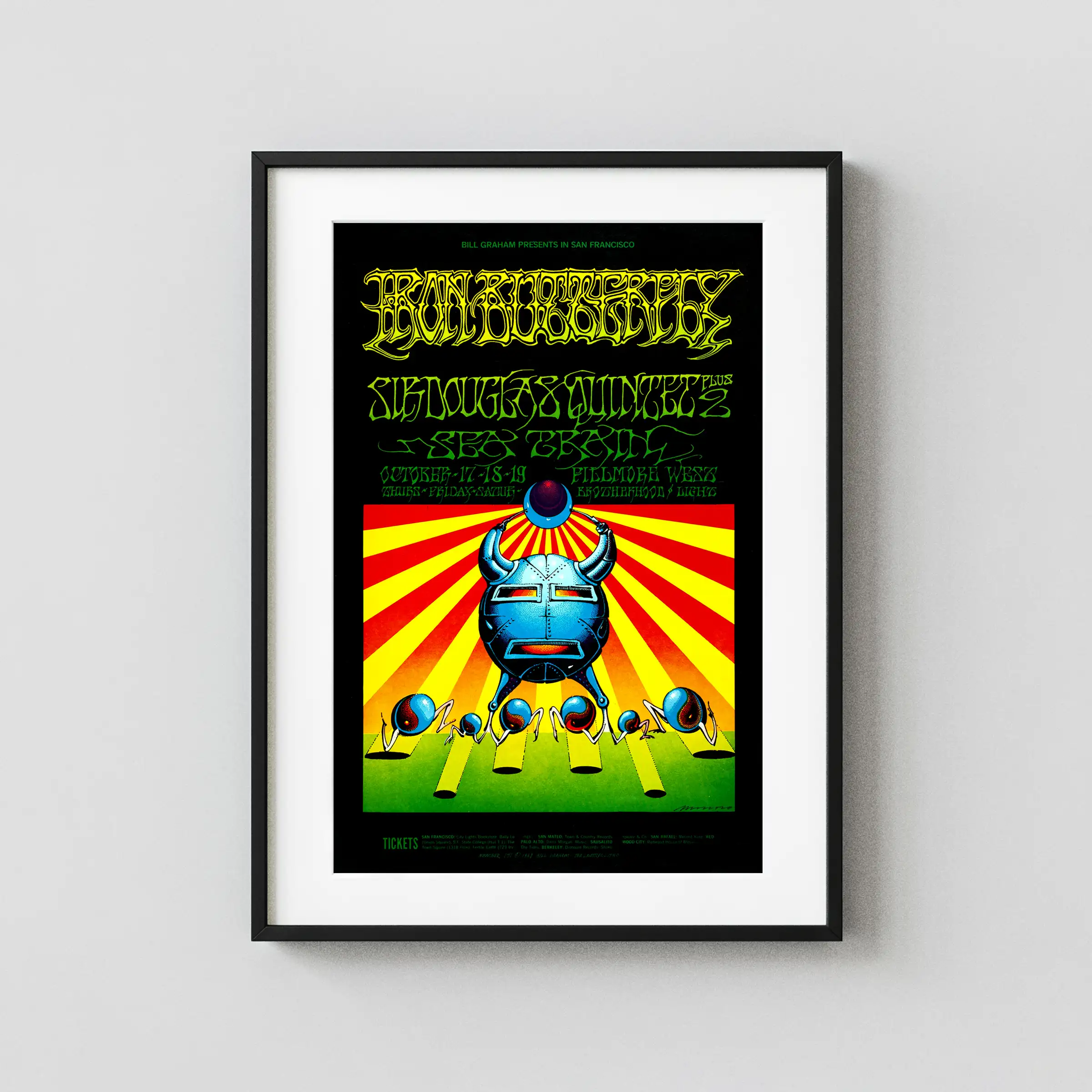 Iron Butterfly 1968 Fillmore West Poster featuring black, yellow, and white vertical artwork.