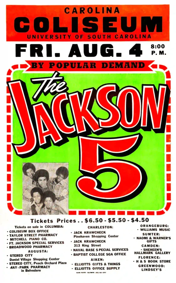 Jackson 5 Carolina Coliseum Concert Poster (1972) featuring white, light gray, and red vertical artwork.