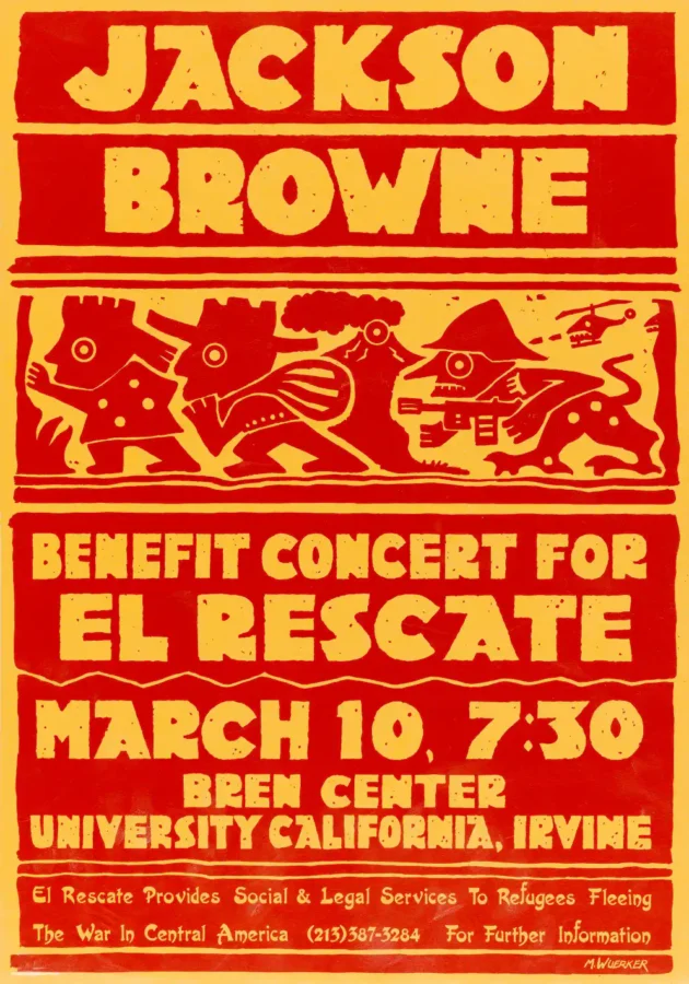 Jackson Browne 1987 UC Irvine, CA Concert Poster featuring red, yellow, and white vertical artwork.