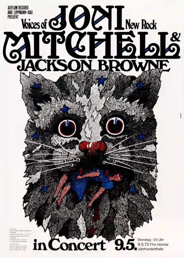 Jackson Browne, Joni Mitchell 1972 Frankfurt, Germany Concert Poster featuring white, charcoal, and gray vertical artwork.