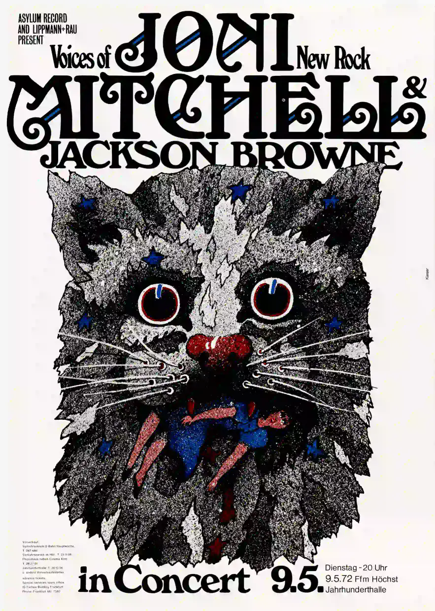 Jackson Browne, Joni Mitchell 1972 Frankfurt, Germany Concert Poster featuring white, charcoal, and gray vertical artwork.