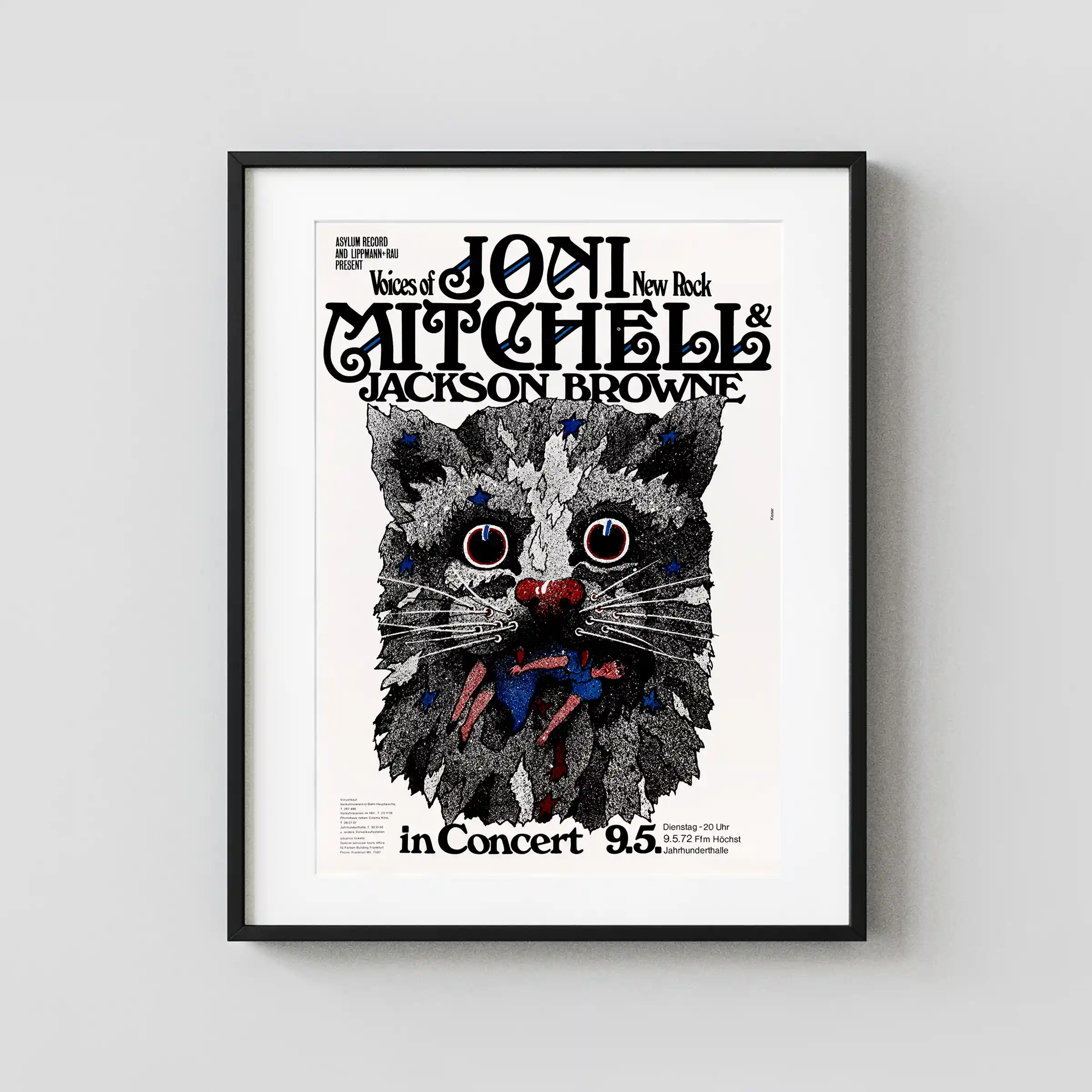 Jackson Browne, Joni Mitchell 1972 Frankfurt, Germany Concert Poster featuring white, charcoal, and gray vertical artwork.