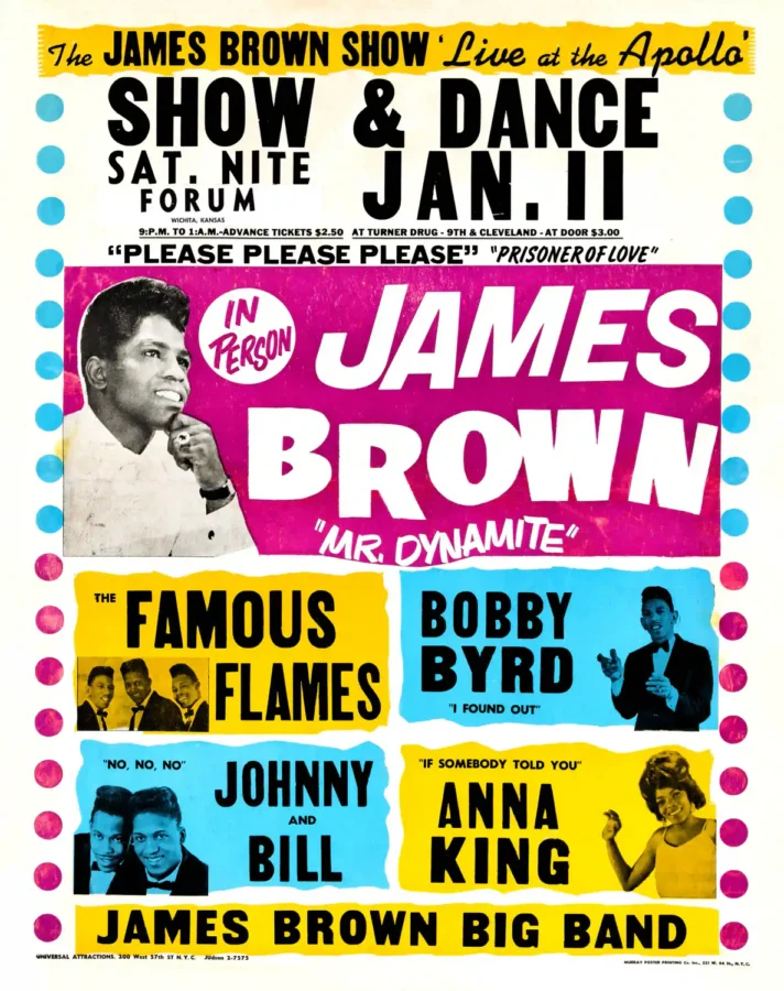 James Brown 1964 Wichita, KS "Live at the Apollo" Concert Poster featuring white, yellow, and gray vertical artwork.