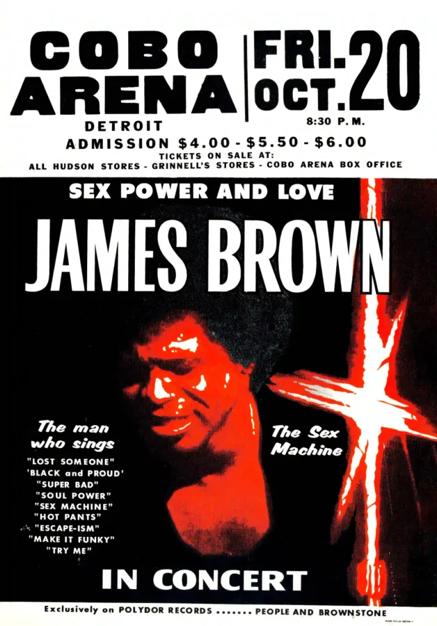 James Brown 1972 Cobo Arena, Detroit Globe Concert Poster featuring black, white, and light gray vertical artwork.