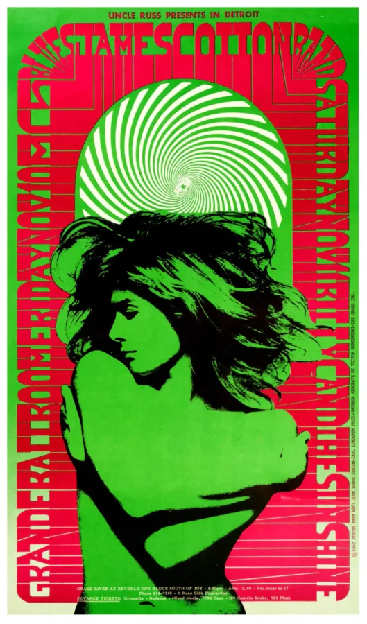 James Cotton Blues Band 1967 "Vanessa" Grande Ballroom Concert Poster featuring green, black, and white vertical artwork.