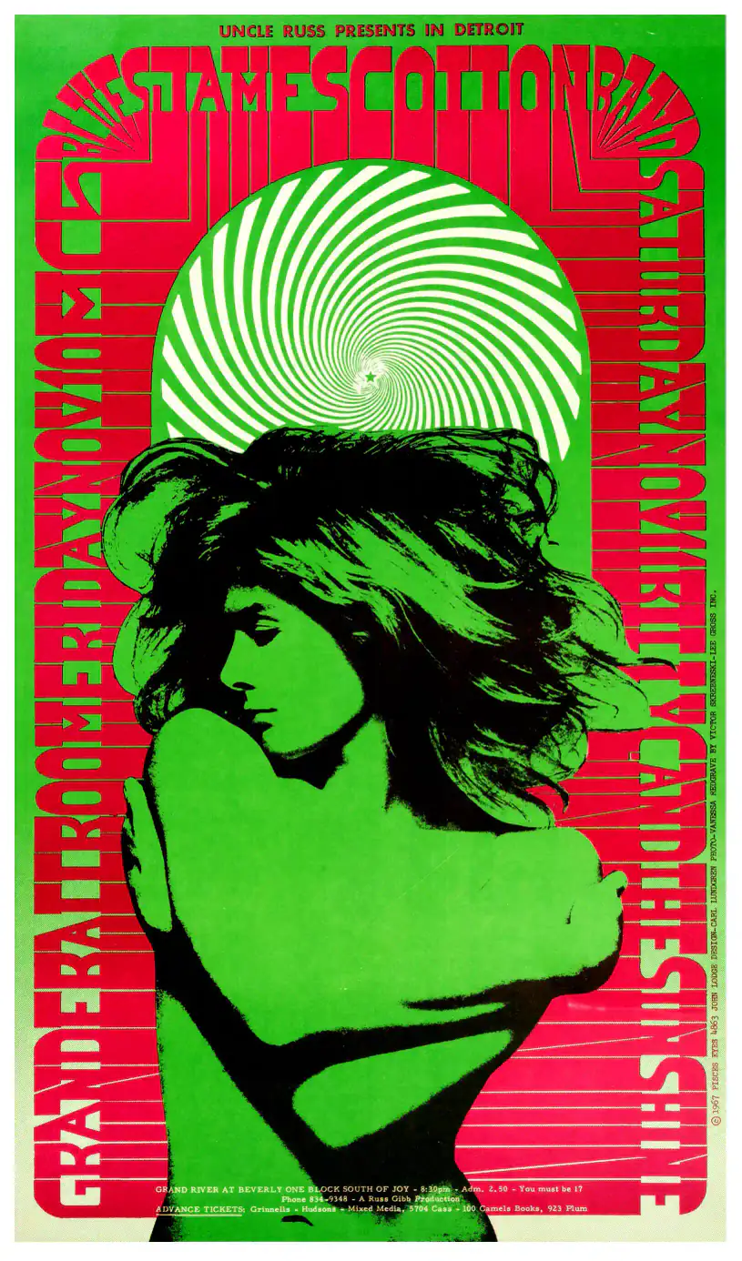 James Cotton Blues Band 1967 "Vanessa" Grande Ballroom Concert Poster featuring green, black, and white vertical artwork.