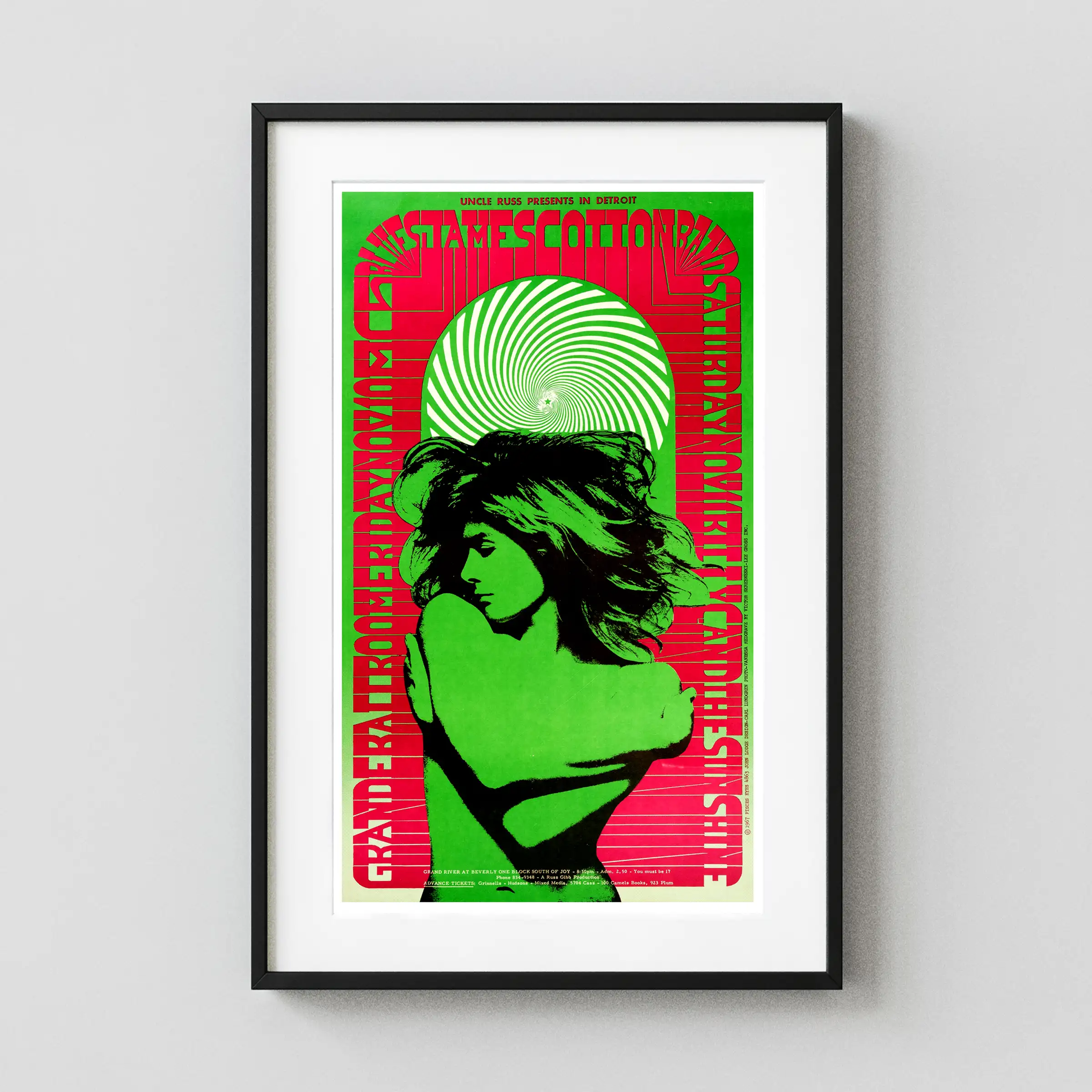 James Cotton Blues Band 1967 "Vanessa" Grande Ballroom Concert Poster featuring green, black, and white vertical artwork.