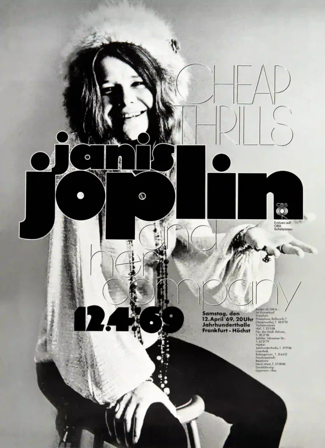 Janis Joplin 1969 Frankfurt, Germany Concert Poster featuring light gray, gray, and black vertical artwork.